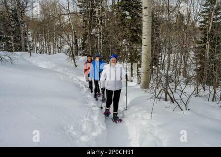 Trois femmes (libérées), dont un senior de 90 ans, raquette au Nordic Center of the Sundance Resort, également connu sous le nom de Sundance Mountain Resor Banque D'Images
