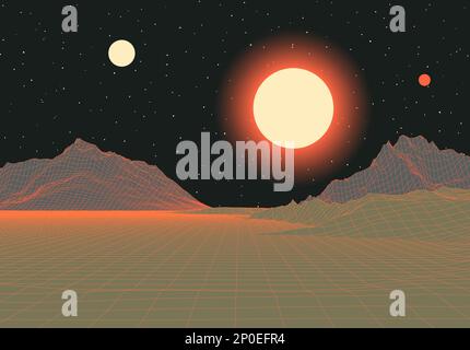 Paysage futuriste rétro avec montagnes et soleil dans l'espace profond. 80s décor de paysage synthwve avec lever de soleil sur une planète extraterrestre. Illustration de Vecteur