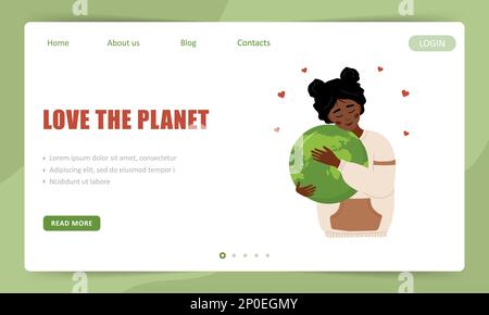 J'adore le modèle de page d'accueil planète. Une femme africaine mignonne le globe terrestre avec soin et amour. Idéal pour la conception de sites Web, la présentation d'entreprise et Illustration de Vecteur