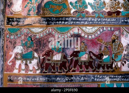 16th peintures murales Ramayana à Alagar Kovil, Alagar koyil Vasantha Mandapam plafond près de Madurai, Tamil Nadu, Inde Banque D'Images