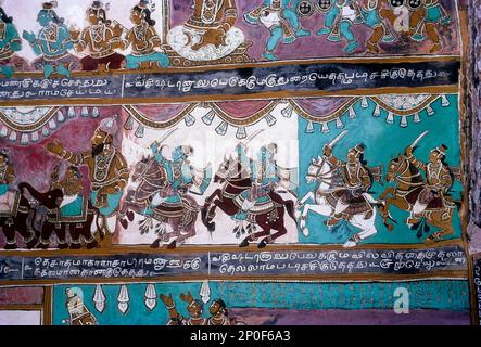 16th peintures murales Ramayana à Alagar Kovil, Alagar koyil Vasantha Mandapam plafond près de Madurai, Tamil Nadu, Inde Banque D'Images