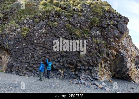 Falaises de basalte noires colonnes polygonales sous-verticales et joints de colonnes sur la côte Pacifique de l'île de Chiloé, au Chili Banque D'Images