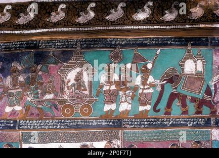 16th siècles Ramayana peintures murales épiques à Alagar Kovil, Alagar koyil Vasantha Mandapam plafond près de Madurai, Tamil Nadu, Inde du Sud, Inde, Asie. Très grand lit Banque D'Images