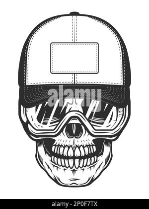 Crâne en casquette de baseball avec lunettes de sécurité de construction en style monochrome vintage illustration vectorielle isolée Illustration de Vecteur