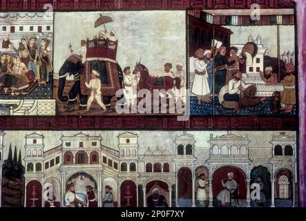 18th fresques du siècle, peintures murales dans le Daria Daulat Bagh, palais d'été de Tipu Sultan, Tigre de Mysore à Srirangapatna près de Mysuru, Karnataka, Inde Banque D'Images