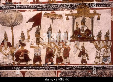 13th peintures murales au plafond du temple de Digambar Jain plafond à Thiruparuthikundram, Jina Kanchi à Kancheepuram, Tamil Nadu, Inde, Asie Banque D'Images