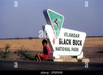 Panneau indiquant Velavadar noir, buck national parc à Gujarat, Inde Banque D'Images