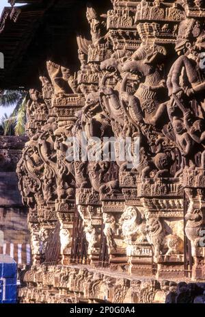Sculptures dans la salle à cent piliers Varadharaja Perumal ou Hastagiri ou Attiyuran temple, Kancheepuram Kanchipuram, Tamil Nadu, Inde du Sud, Inde Banque D'Images