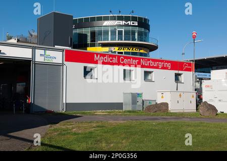 Centre médical, Nuerburgring, circuit de course, Eifel, Rhénanie-Palatinat, Allemagne Banque D'Images