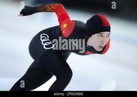 Heerenveen, pays-Bas. 2nd mars 2023. Han Mei, de Chine, participe à la compétition féminine 3000m le jour 1 des Championnats du monde de patinage de vitesse de l'UIP à Heerenveen, aux pays-Bas, au 2 mars 2023. Credit: Zheng Huansong/Xinhua/Alay Live News Banque D'Images