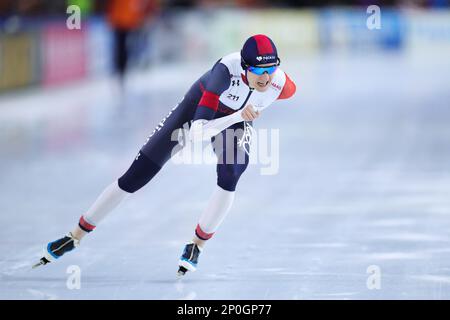 Heerenveen, pays-Bas. 2nd mars 2023. Martina Sablikova, de la République tchèque, participe à la compétition de patinage de vitesse féminin 3000m du jour 1 des Championnats du monde de patinage de vitesse de l'UIP à Heerenveen, aux pays-Bas, au 2 mars 2023. Credit: Zheng Huansong/Xinhua/Alay Live News Banque D'Images