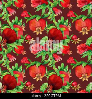 Motif sans couture avec grenade rouge à la main aquarelle. Fruits avec feuilles et fleurs sur branche sur fond blanc. Patt classique en tissu vintage Banque D'Images