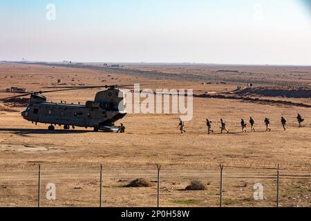 Un CH-47 Chinook effectué par les États-Unis Les pilotes de l'armée du 2nd Bataillon, 149th Aviation Regiment, General support Aviation Bataillon, 36th combat Aviation Brigade, chargement des soldats du bataillon norvégien du Telemark, base aérienne d'Al Asad, Irak, 11 janvier 2023. Les exercices de répétition opérationnelle effectués par la Force opérationnelle interarmées combinée - opération inhérente résoudre les partenaires affinent la préparation opérationnelle et la compétence tout en consolidant la cohésion de la coalition. Banque D'Images