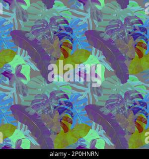 Motif aquarelle sans couture avec feuilles tropicales arrière-plan dans le spectre de couleurs néon. Jungle sauvage. Forêt pluvieuse d'Amazonie. Conception pour tissu, housses Banque D'Images