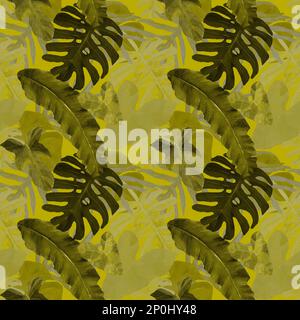 Motif sans couture avec feuilles tropicales de couleur grise et jaune. Fond de jungle sauvage. Plantes forestières à la pluie dessinées à la main. Conception de tissus, d'emballages, Banque D'Images