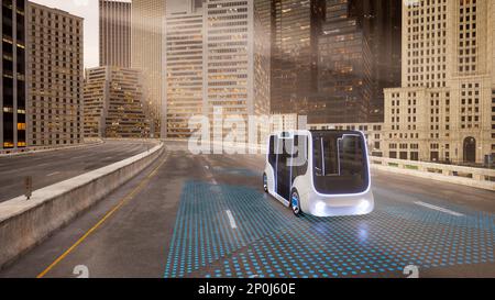 Bus électrique autonome autopilotant dans la rue, concept de technologie de véhicule intelligent, rendu 3D Banque D'Images