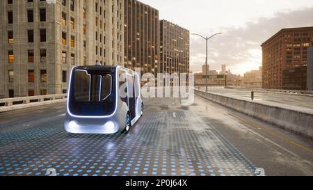 Bus électrique autonome autopilotant dans la rue, concept de technologie de véhicule intelligent, rendu 3D Banque D'Images