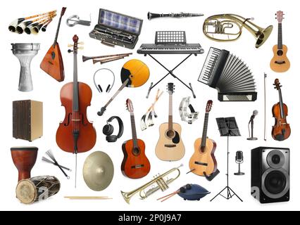 Collection de différents instruments de musique sur fond blanc Banque D'Images