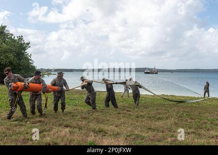 BASE NAVALE GUAM, Santa Rita, Guam (14 février 2023) les marins du Bataillon de manutention du fret de la Marine, sous la direction du commandant de la Force opérationnelle 75 et des Marines du combat Logistics Regiment 3, effectuent une évolution du système de transfert de carburant opérationnel littoral distribué (DLOFTS) pendant le COPE North 2023 à la base navale de Guam, le 14 février 2023. L'événement multilatéral de formation rassemble environ 1 000 États-Unis Des aviateurs, des Marines et des marins aux côtés de 1 000 membres combinés de la Force aérienne japonaise d'autodéfense, de la Royal Australian Air Force et de la Force aérienne et spatiale française. Des exercices comme Cope North améliorent interoperabili Banque D'Images