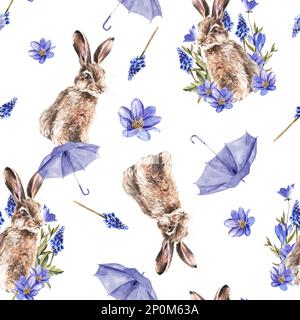 Motif sans couture de fleurs printanières et de lapins. Illustration aquarelle sur fond blanc. Banque D'Images