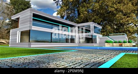 Augmentation de l'attractivité de l'immobilier suburbain avec l'utilisation de l'éclairage de jour. Belle maison avec un arbre de couronne dense sur le fond. 3d réf Banque D'Images