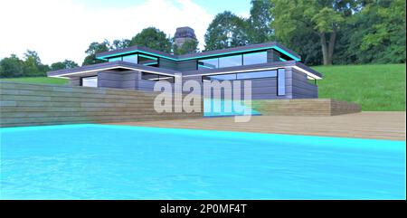 Élégante demeure moderne avec éclairage de jour. Vue de la piscine. Parc dense incroyable en arrière-plan. 3d rendu. Banque D'Images