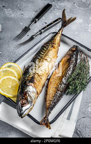 Poisson sauteur de maquereau rôti dans un plat de cuisson. Arrière-plan gris. Vue de dessus. Banque D'Images