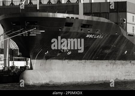 Odessa, Ukraine-202: Le terminal de logistique envoie des conteneurs de fret d'importation-exportation au navire de cargaison dans le port maritime. Paysage industriel avec grues portiques de chargement Banque D'Images