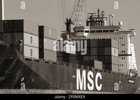 Odessa, Ukraine-202: Le terminal de logistique envoie des conteneurs de fret d'importation-exportation au navire de cargaison dans le port maritime. Paysage industriel avec grues portiques de chargement Banque D'Images