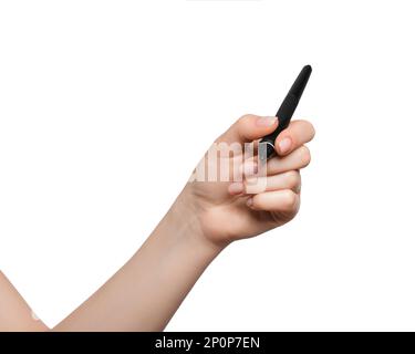 La main de femme tenant le stylo numérique, signe, signature concept. Isolé sur blanc. Banque D'Images