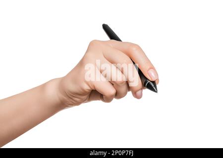 La main de femme tenant le stylo numérique, signe, signature concept. Isolé sur blanc. Banque D'Images