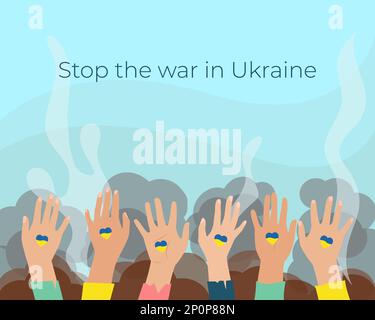 Arrêter la guerre en Ukraine bannière. Les mains s'étirent jusqu'au ciel en fumée, symbole de la lutte du peuple ukrainien Illustration de Vecteur