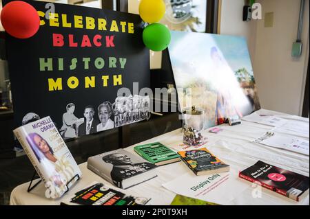 Un stand d'information du mois de l'histoire des Noirs est exposé à l'intérieur de l'édifice du Groupe d'entretien 15th à la base conjointe Pearl Harbor-Hickam, Hawaii, le 13 février 2022. Le stand a été créé par le Senior Airman Dominique Blackshire, compagnon de l'analyse de maintenance 15th Groupe de maintenance, et le Senior Airman Jenna-lyn responsable, 15th MXG contrôle opérationnel de maintenance, pour éduquer les aviateurs sur les figures africaines américaines influentes et présenter plusieurs entreprises locales appartenant à des Noirs qui sont situées à Oahu. En outre, les deux aviateurs ont envoyé un e-mail hebdomadaire à l'ensemble du MXG 15th, fournissant des informations sur distingui Banque D'Images