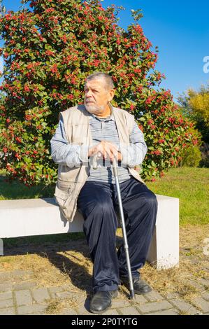 Portrait d'un homme ukrainien ordinaire assis sur un banc contre l'arbre de rowan et reposant à un jour automnal ensoleillé Banque D'Images