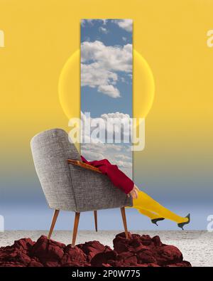 Œuvres d'art surréaliste contemporain de la jeune femme dans un fauteuil. Concept de mysticisme, de mystère, de monde sous-jacent, de rêves ou d'imagination. Surréalisme Banque D'Images