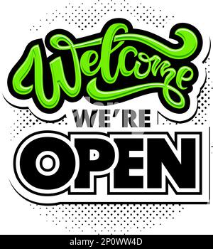 ACCUEIL lettering NOUS SOMMES OUVERTS pour la conception d'un panneau sur la porte d'un magasin, café, bar ou restaurant. Typographie vectorielle de style vintage sur transparent Illustration de Vecteur