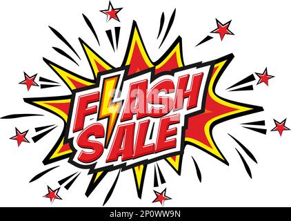 Affiche ou bannière de modèle de vente Flash avec icône Flash, étoiles, explosion et foudre en style comique. Vecteur sur fond transparent pour l'impression, socia Illustration de Vecteur