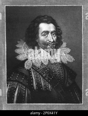 « George Villiers, duc de Buckingham; 1593-1628 », 1810. De "Portraits de personnages illustres dans l'Histoire britannique du début du règne d'Henri le huitième à la fin du règne de Jacques le deuxième" [Samuel Woodburn, Londres, 1815]. Banque D'Images