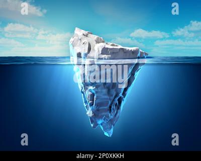 Iceberg flottant dans l'océan, la pointe et les parties immergées sont visibles. 3D illustration. Banque D'Images