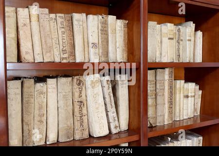 Étagères de bibliothèque avec des livres religieux anciens du 1500s. Photo de haute qualité Banque D'Images