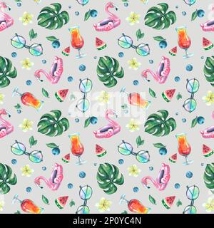 Cocktails tropicaux, feuilles de monstère, flamants roses gonflables, tranches de pastèque, bleuets, fleurs et lunettes de soleil plumeria. Aquarelle Banque D'Images