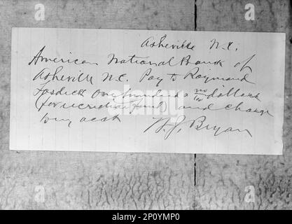 Young Men's Christian Association - William Jennings Bryan, Fonds de contrôle des loisirs, 1917. 'American National Bank of Asheville N.C. [Caroline du Nord]. Payer à Raymond Fosdick [?] cent... dollars (pour le fonds de loisirs) et le changement [?] W.J. Bryan'. Don de l'ancien secrétaire d'État américain. Banque D'Images