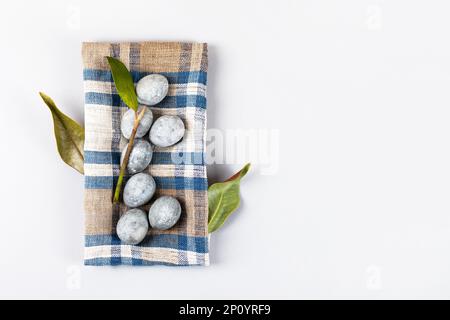 Œufs de Pâques gris avec une branche et une feuille de magnolia sur fond gris. Minimalisme, espace de copie, pose à plat Banque D'Images