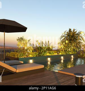 Luxueuse villa moderne avec belle piscine et palmiers verts. Éclairage nocturne et vue sur la montagne au coucher du soleil. 3d rendu. Élevée Banque D'Images