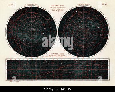 Constellations des deux hémisphères (1877) du livre de Guillemin, Amédée, (1826-1893), carte céleste des deux hémisphères dans la nuit sk Banque D'Images