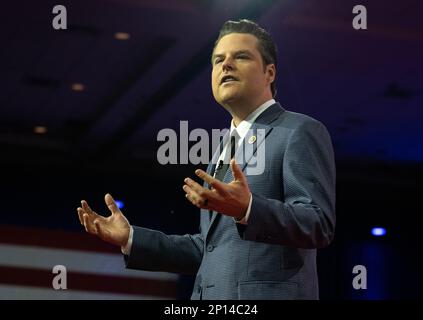 Washington DC, États-Unis. 03rd mars 2023. Matt Gaetz, représentant des États-Unis (républicain de Floride), à la Conférence d'action politique conservatrice (CPAC) de 2023 à National Harbour, Maryland, États-Unis, vendredi, 3 mars, 2023. Crédit: Ron Sachs /CNP/MediaPunch crédit: MediaPunch Inc/Alay Live News Banque D'Images