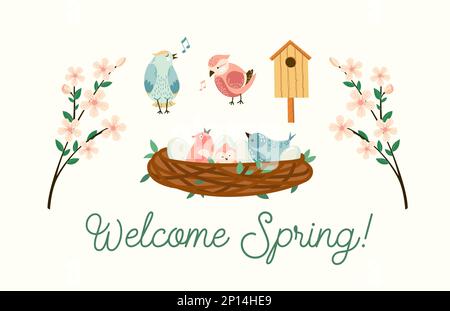 Kit d'illustrations de bienvenue pour le printemps. Fleurs vectorielles branches, oiseaux dans le nid avec oeufs et collection saisonnière de style plat de Birdhouse. Pâques Illustration de Vecteur