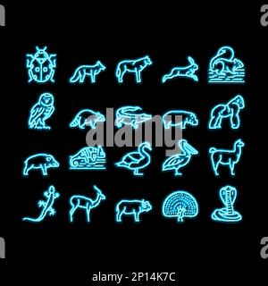 Illustration d'une icône représentant des animaux sauvages, des tasses et des oiseaux au néon Illustration de Vecteur
