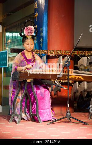 Une musicienne sur un instrument traditionnel à cordes, peut-être le guzheng, dans la salle de l'auditorium à l'intérieur de la tour Bell, dans la ville chinoise de Xian. Chine. L'icône et le monument du bâtiment vieux de 600 ans sont populaires auprès des touristes qui regardent et écoutent des manifestations musicales et des représentations musicales jouées avec des instruments chinois traditionnels. (125) Banque D'Images