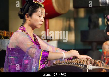 Une musicienne sur un instrument traditionnel à cordes, peut-être le guzheng, dans la salle de l'auditorium à l'intérieur de la tour Bell, dans la ville chinoise de Xian. Chine. L'icône et le monument du bâtiment vieux de 600 ans sont populaires auprès des touristes qui regardent et écoutent des manifestations musicales et des représentations musicales jouées avec des instruments chinois traditionnels. (125) Banque D'Images